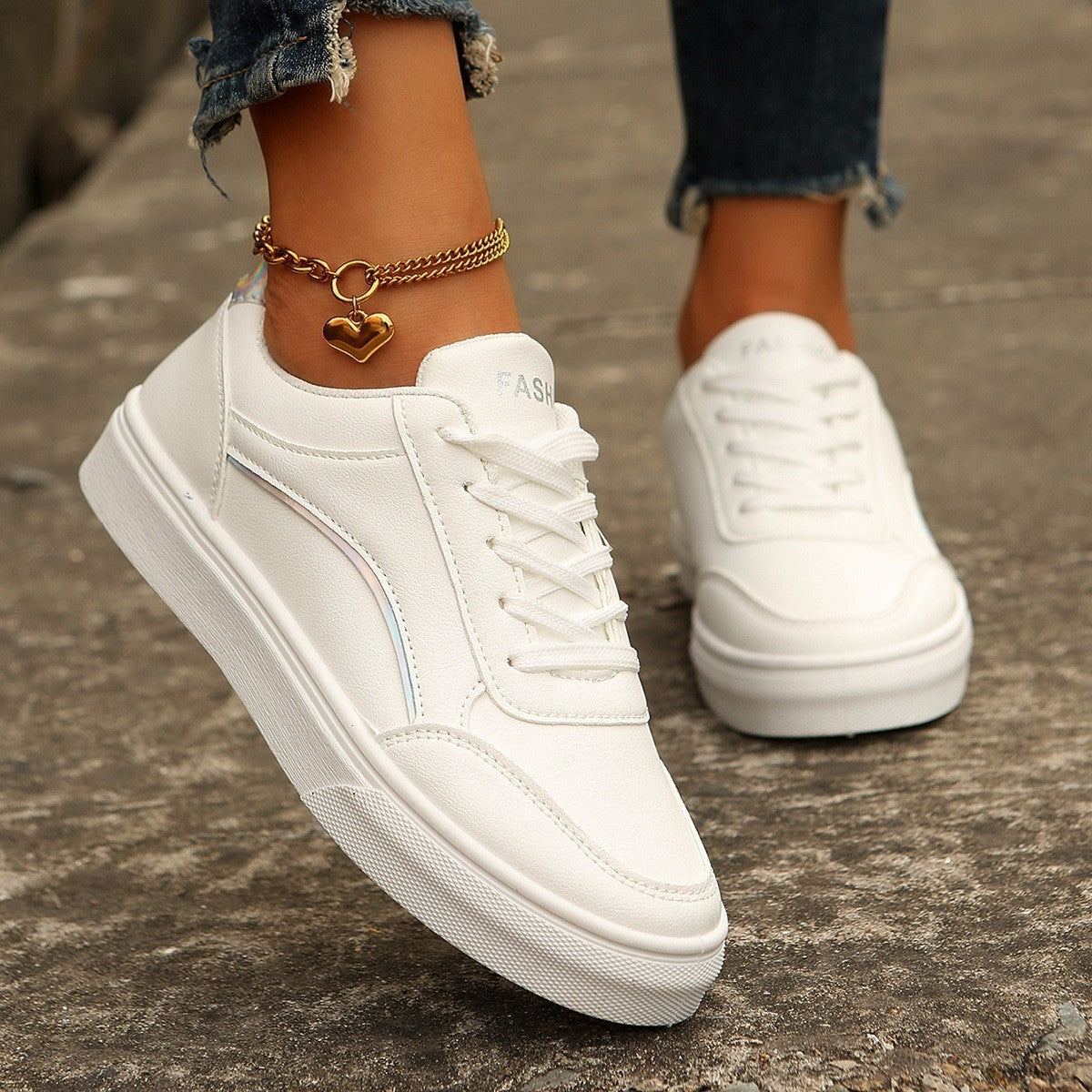 Women's Lace-up White Flats Thick Sole Casual Slip-on Shoes - Glamour Nest