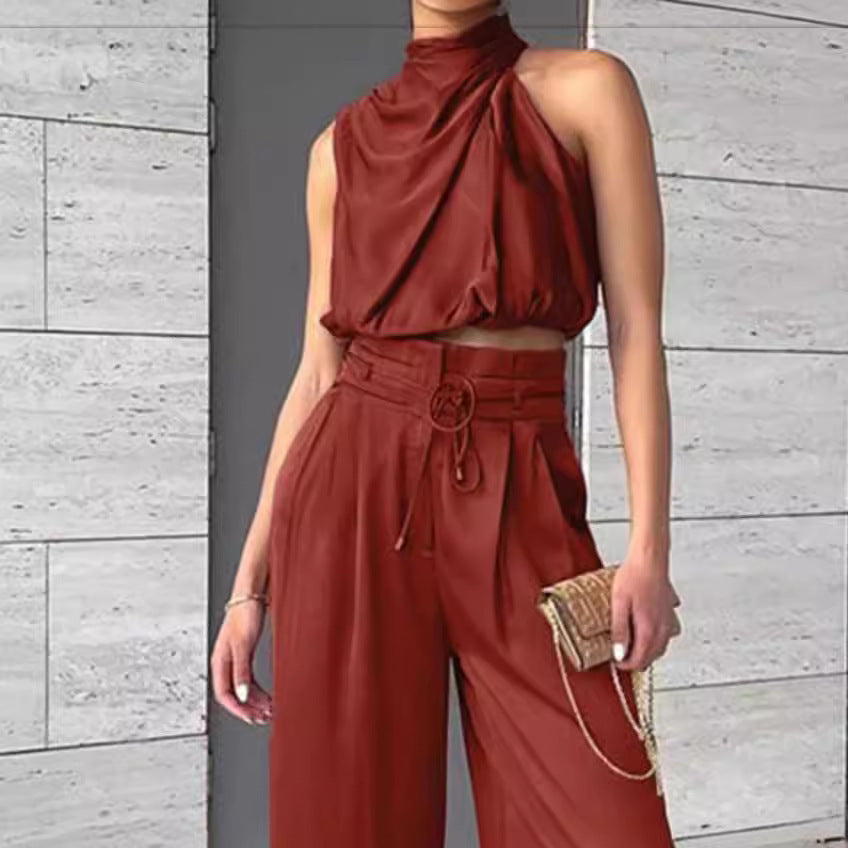 Summer Suits Midriff-baring Top And Wide Leg Pants