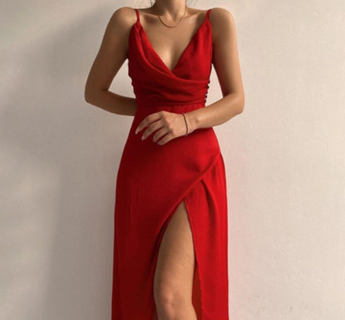 Sleek V-Neck Slit Summer Dress - Glamour Nest