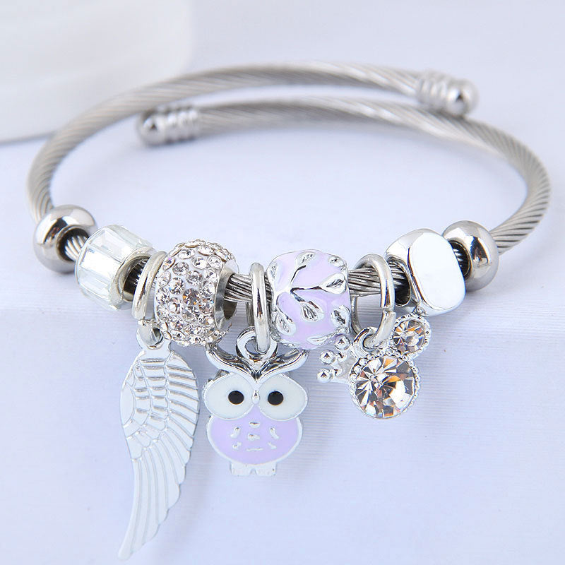 DIY Beaded Owl Angel Wings Pendant Stainless Steel Bracelet - Glamour Nest
