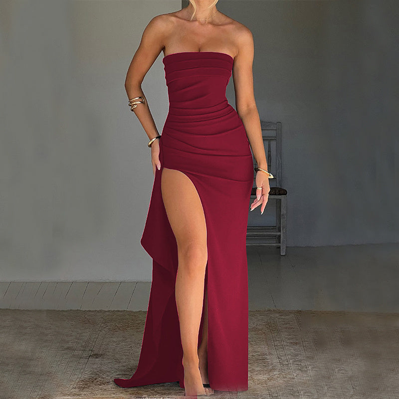 Strapless Split Long Pleated Bridesmaid Dress