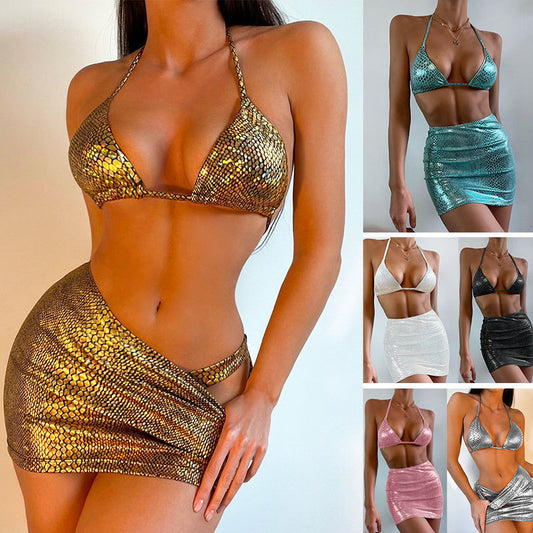 Women's Halter Snake Pattern Bikini Set With Cover Up Skirt