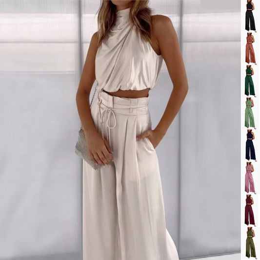 Summer Suits Midriff-baring Top And Wide Leg Pants