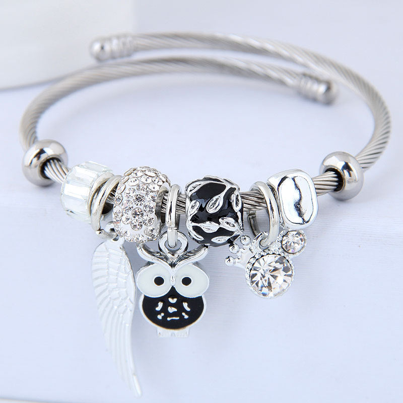 DIY Beaded Owl Angel Wings Pendant Stainless Steel Bracelet - Glamour Nest