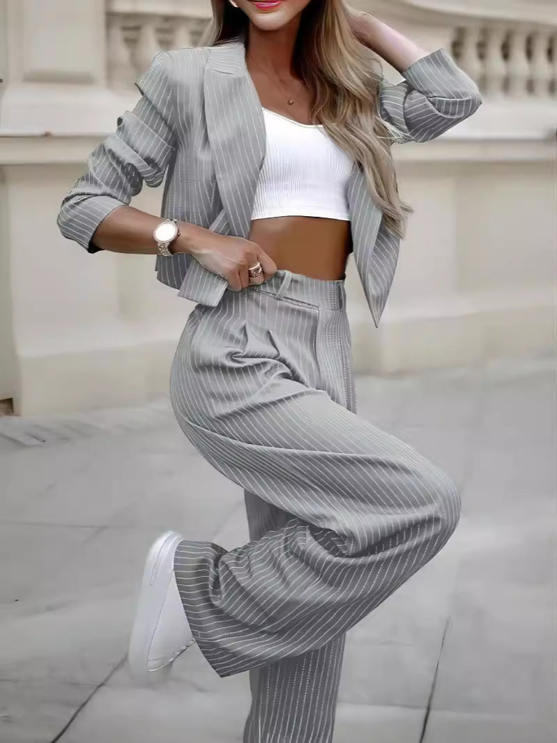 Women's Striped Suit Long Sleeve Crop Top & Pants Outfit