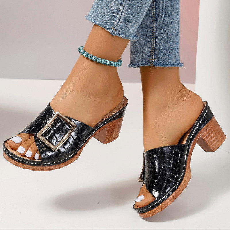 Women's Denim Buckle Wedge Sandals High Heel Summer Slippers