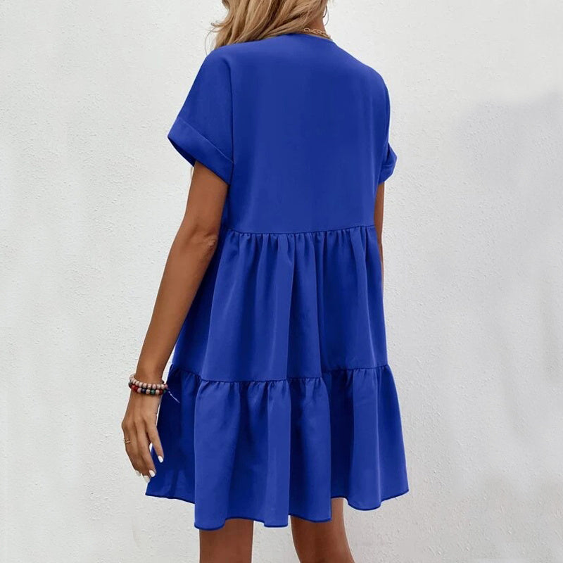 Short-Sleeve V-Neck Ruffle Dress