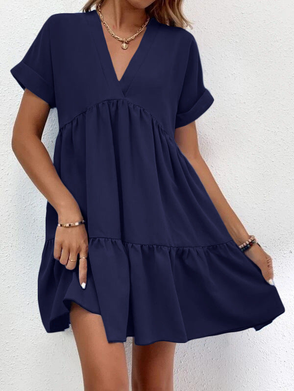 Short-Sleeve V-Neck Ruffle Dress