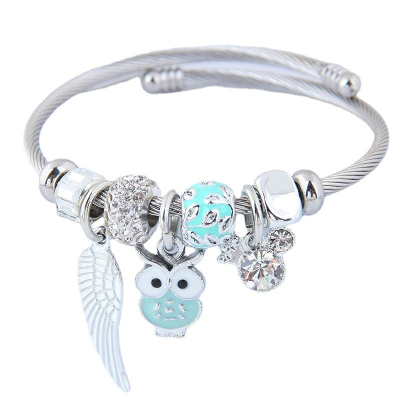 DIY Beaded Owl Angel Wings Pendant Stainless Steel Bracelet - Glamour Nest