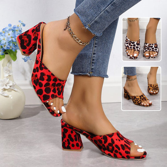 Women's Leopard Square Toe Sandals High Heel Summer Slippers