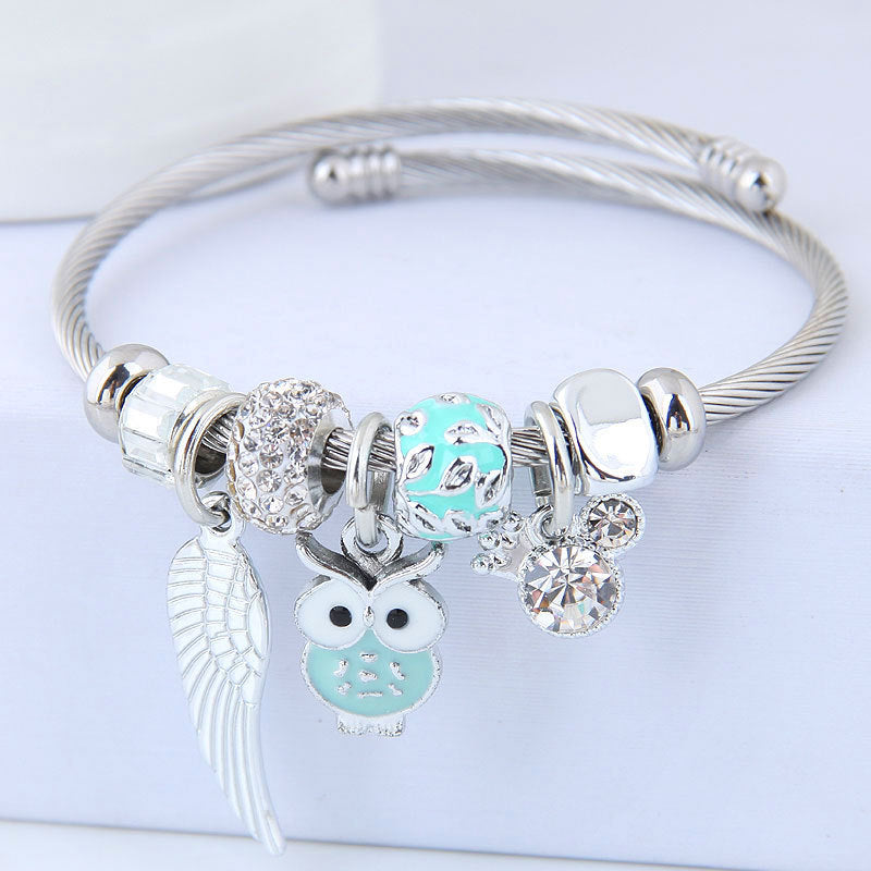 DIY Beaded Owl Angel Wings Pendant Stainless Steel Bracelet - Glamour Nest