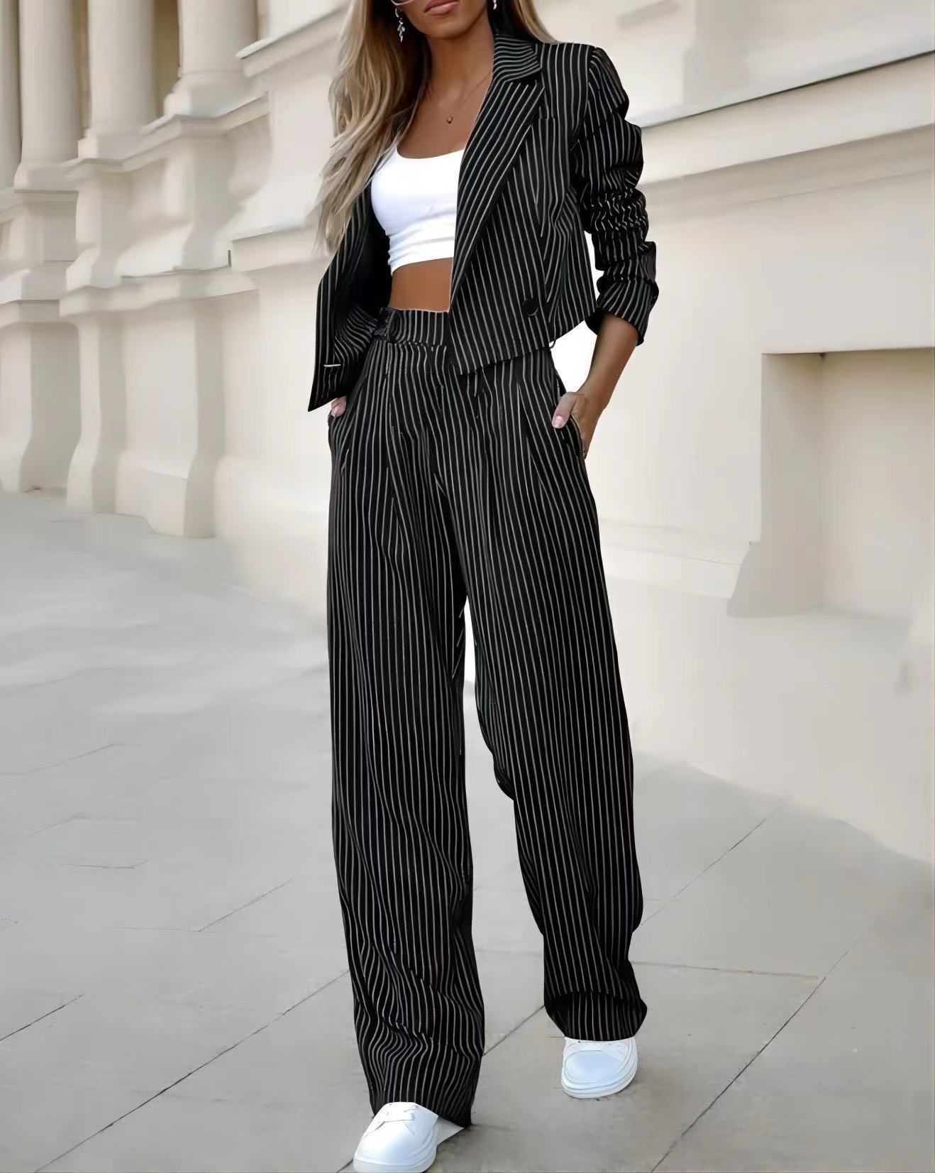 Women's Striped Suit Long Sleeve Crop Top & Pants Outfit