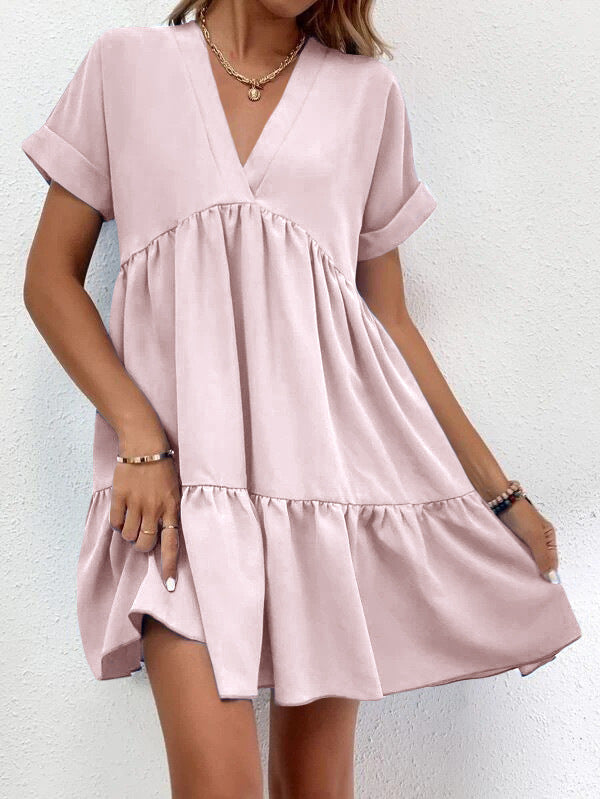 Short-Sleeve V-Neck Ruffle Dress