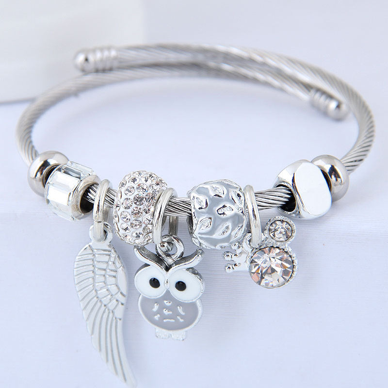 DIY Beaded Owl Angel Wings Pendant Stainless Steel Bracelet - Glamour Nest