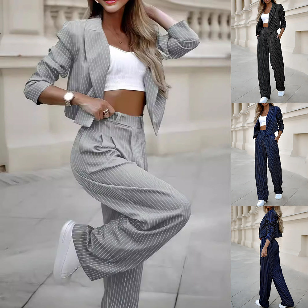 Women's Striped Suit Long Sleeve Crop Top & Pants Outfit