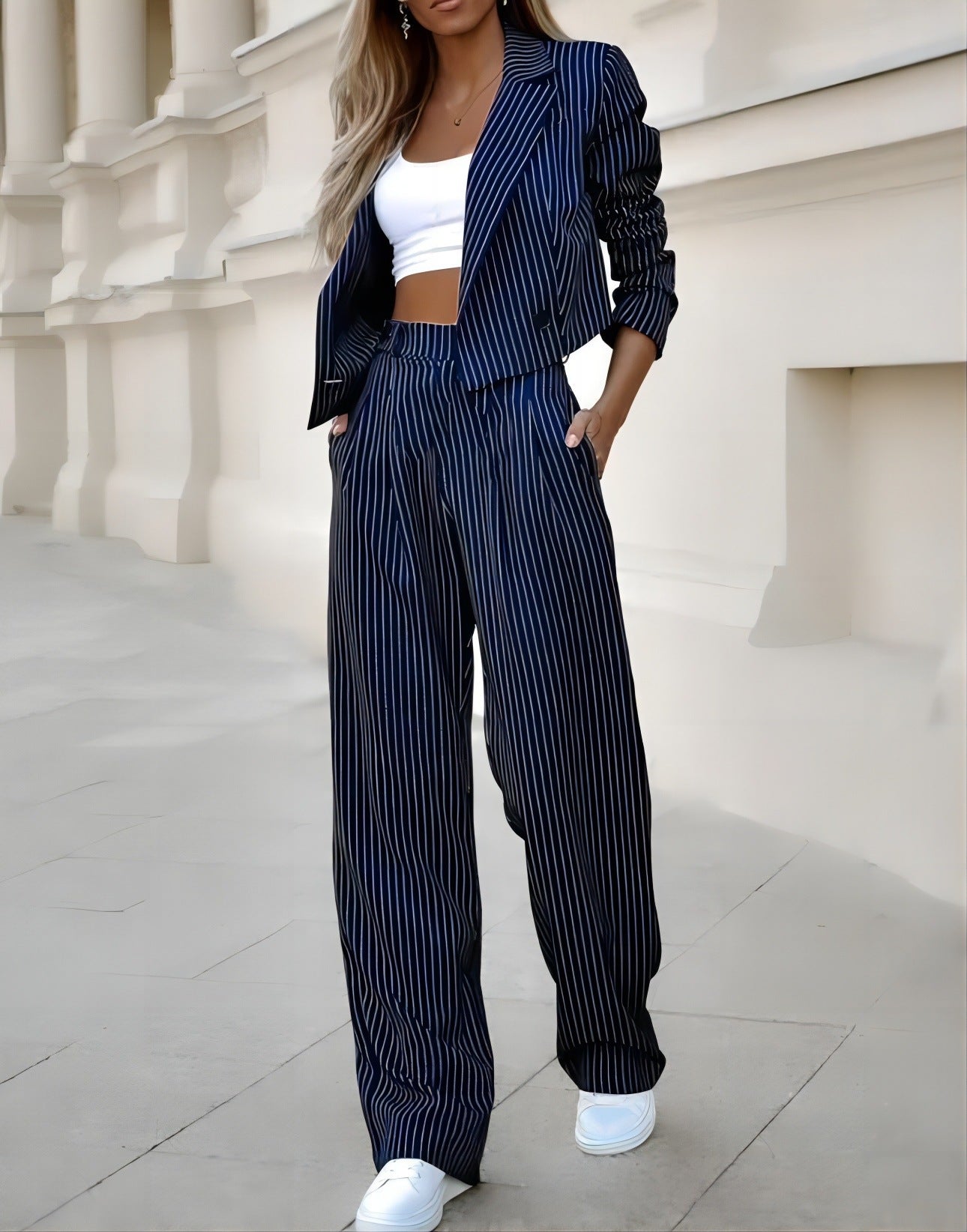 Women's Striped Suit Long Sleeve Crop Top & Pants Outfit