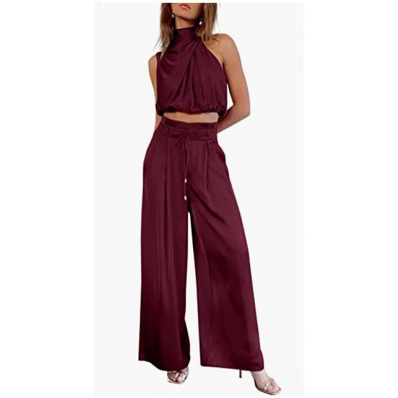 Summer Suits Midriff-baring Top And Wide Leg Pants