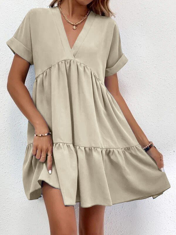 Short-Sleeve V-Neck Ruffle Dress