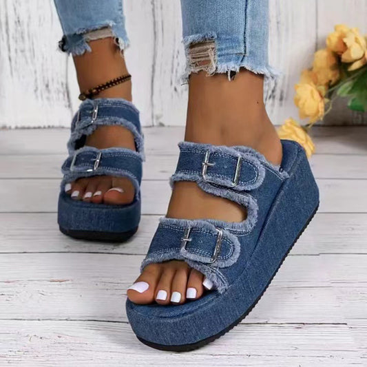 Women's Denim Buckle Wedge Sandals High Heel Summer Slippers