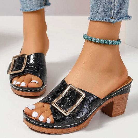 Women's Denim Buckle Wedge Sandals High Heel Summer Slippers