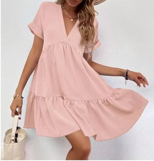 Short-Sleeve V-Neck Ruffle Dress