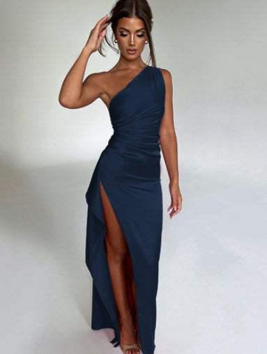 Sexy One-Shoulder Slit Satin Dress