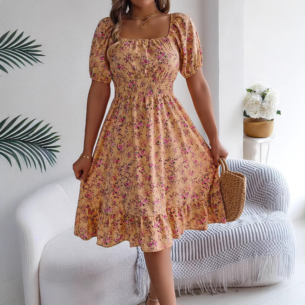 Women's Floral Square Collar Ruffles Dress Summer Fashion