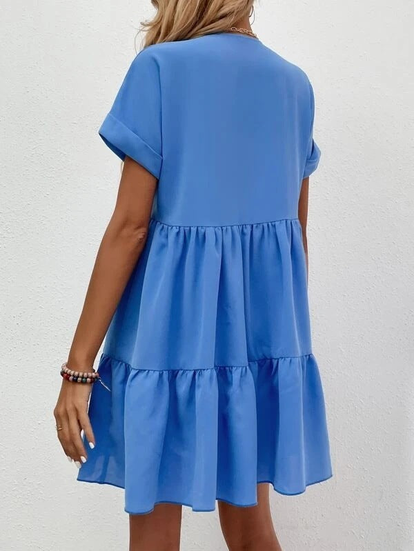 Short-Sleeve V-Neck Ruffle Dress