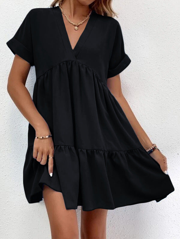 Short-Sleeve V-Neck Ruffle Dress