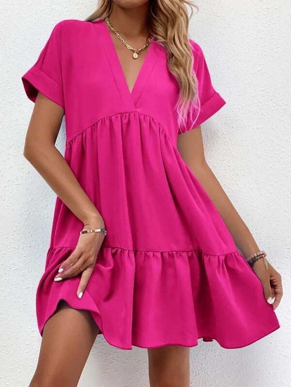 Short-Sleeve V-Neck Ruffle Dress