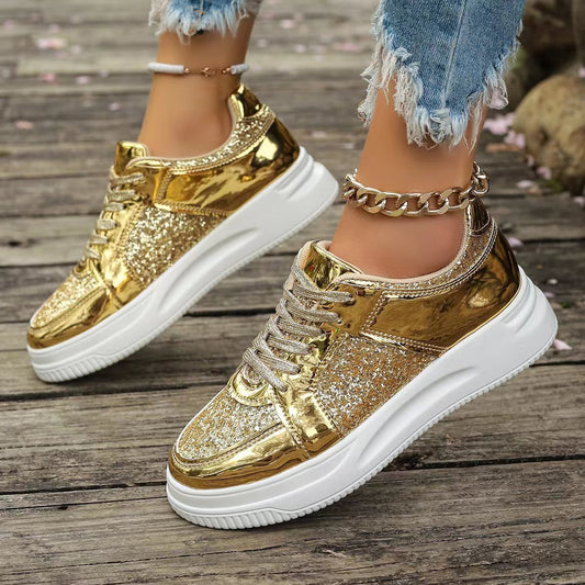 Women's Lace-up Flat Shoes Sequin Design Thick Sole Sneakers