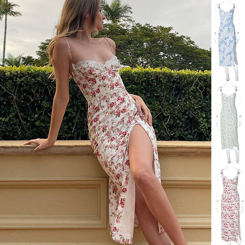 Women's Lace Floral Long Dress Sexy Slit Summer Suspender