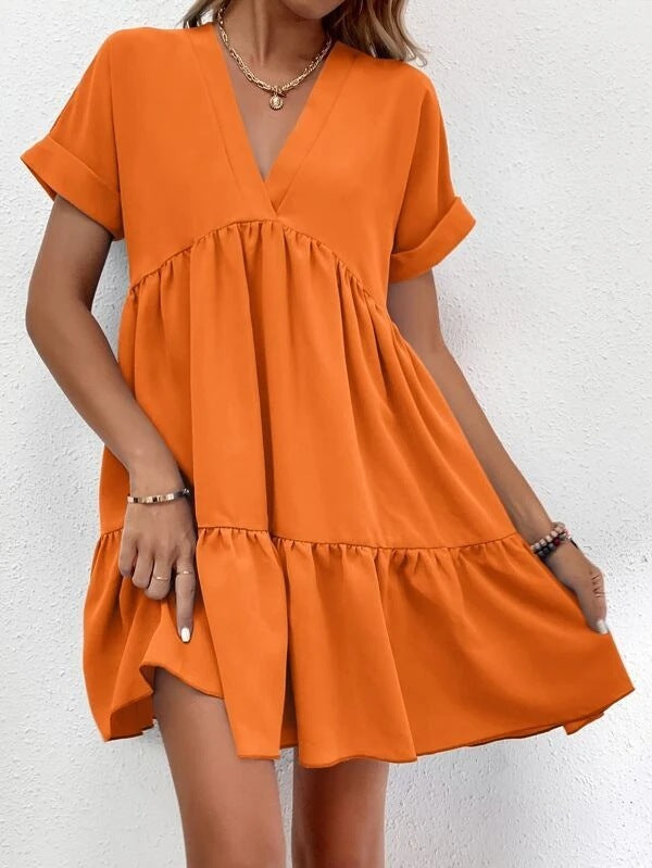 Short-Sleeve V-Neck Ruffle Dress