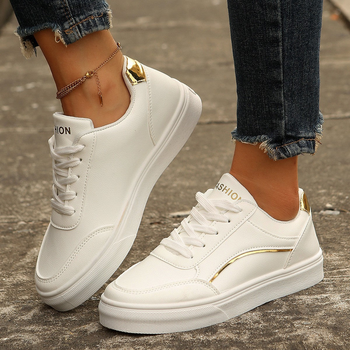 Women's Lace-up White Flats Thick Sole Casual Slip-on Shoes