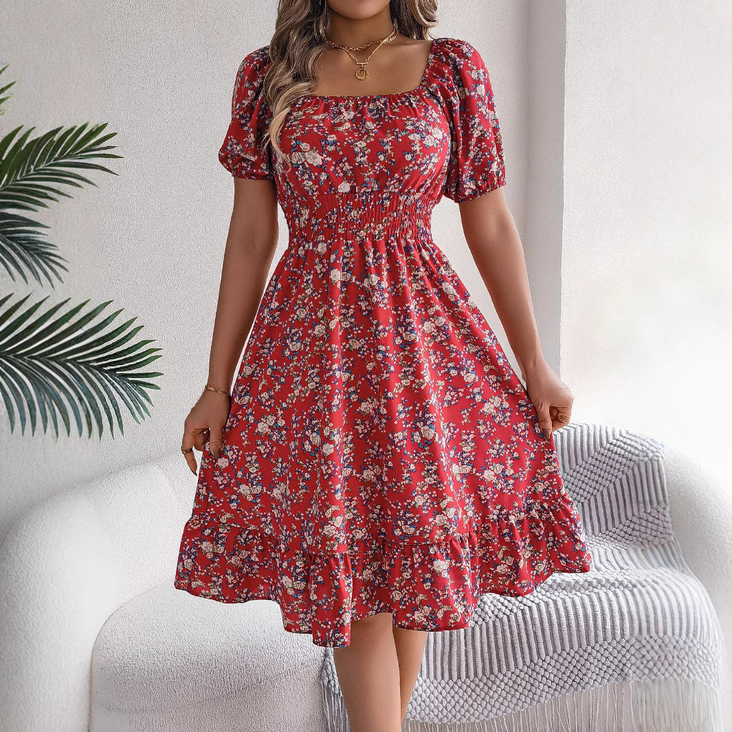 Women's Floral Square Collar Ruffles Dress Summer Fashion