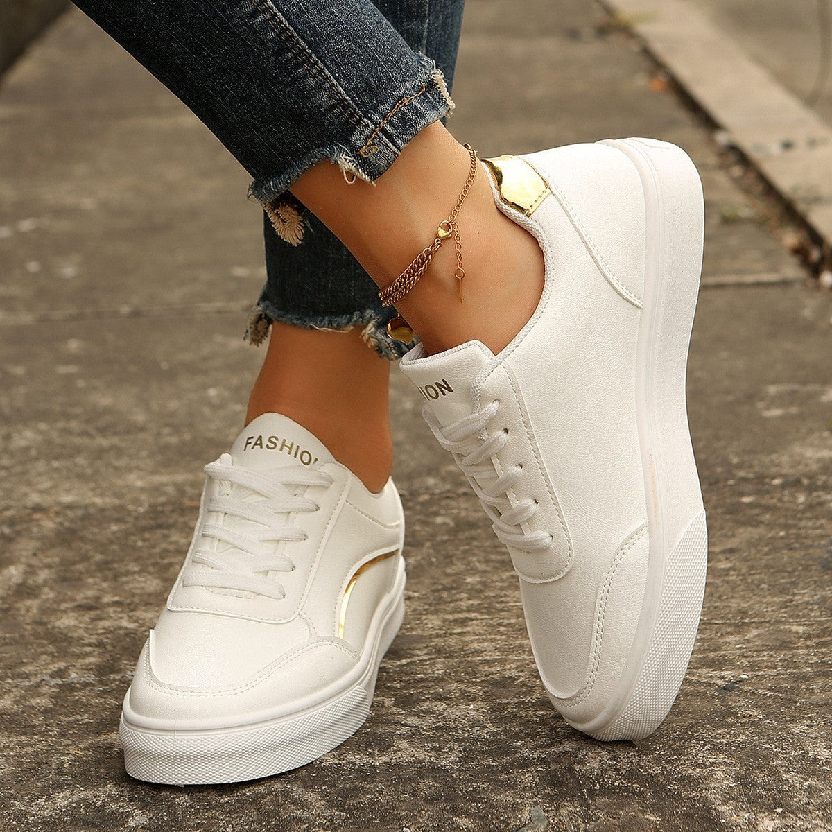 Women's Lace-up White Flats Thick Sole Casual Slip-on Shoes