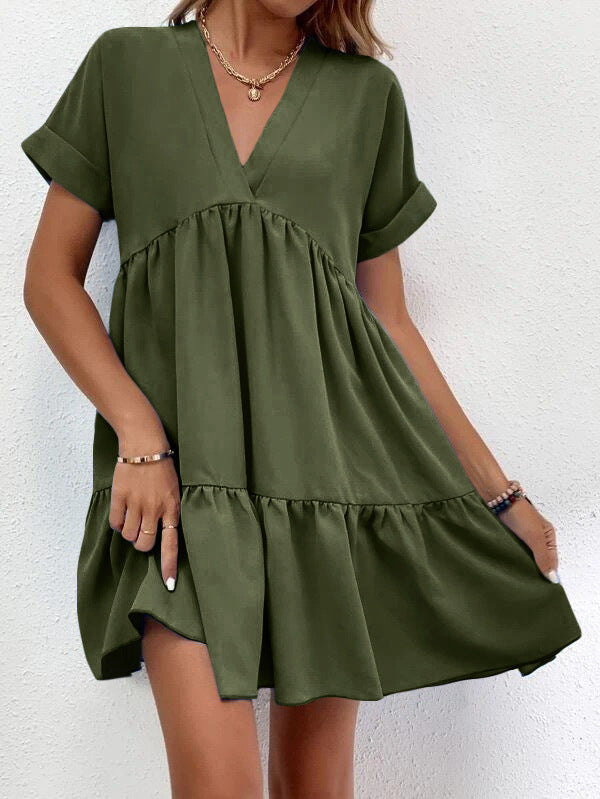 Short-Sleeve V-Neck Ruffle Dress