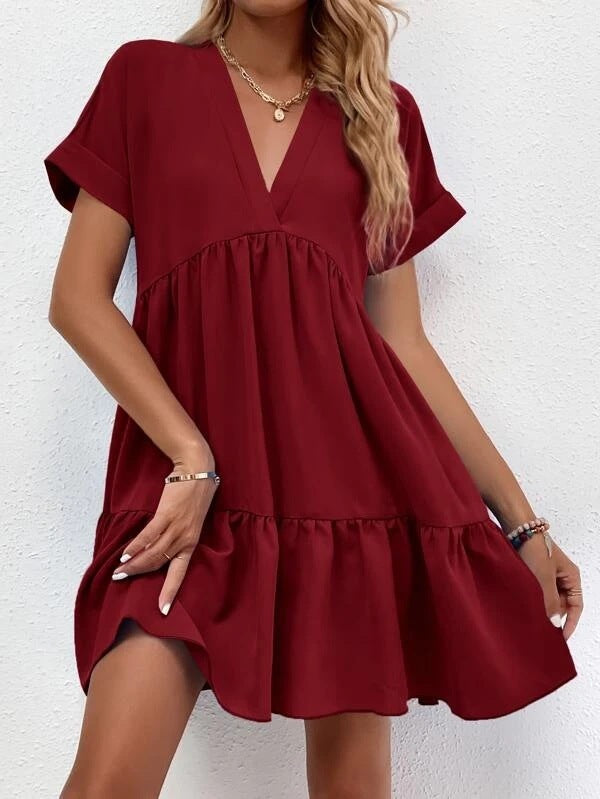 Short-Sleeve V-Neck Ruffle Dress