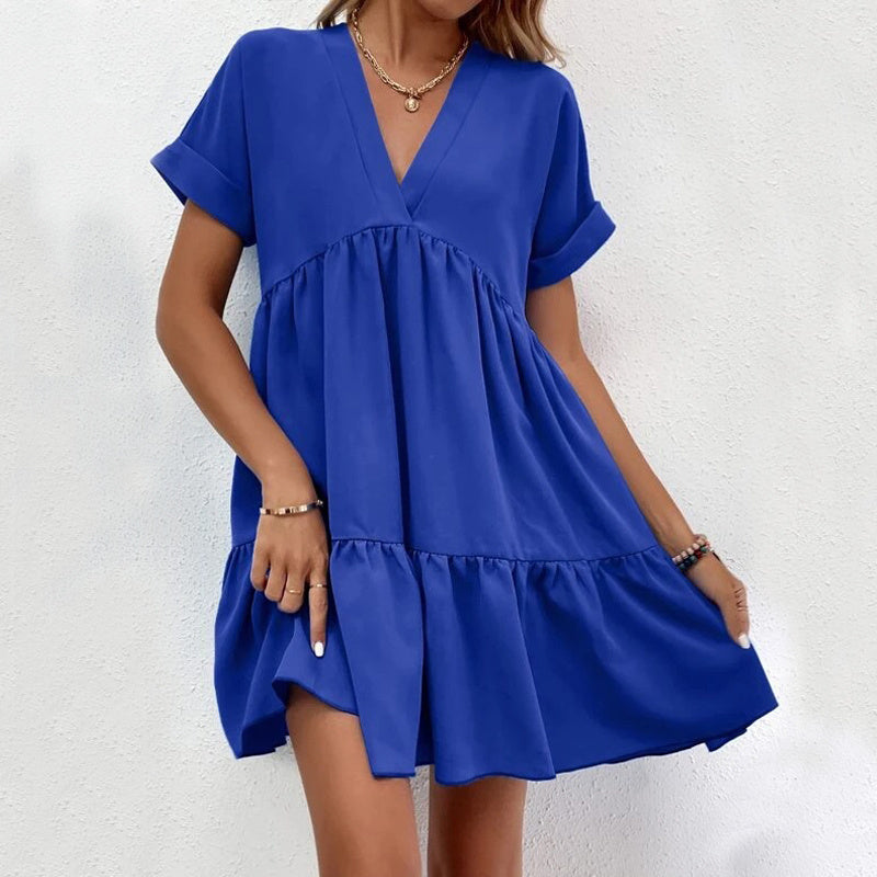 Short-Sleeve V-Neck Ruffle Dress