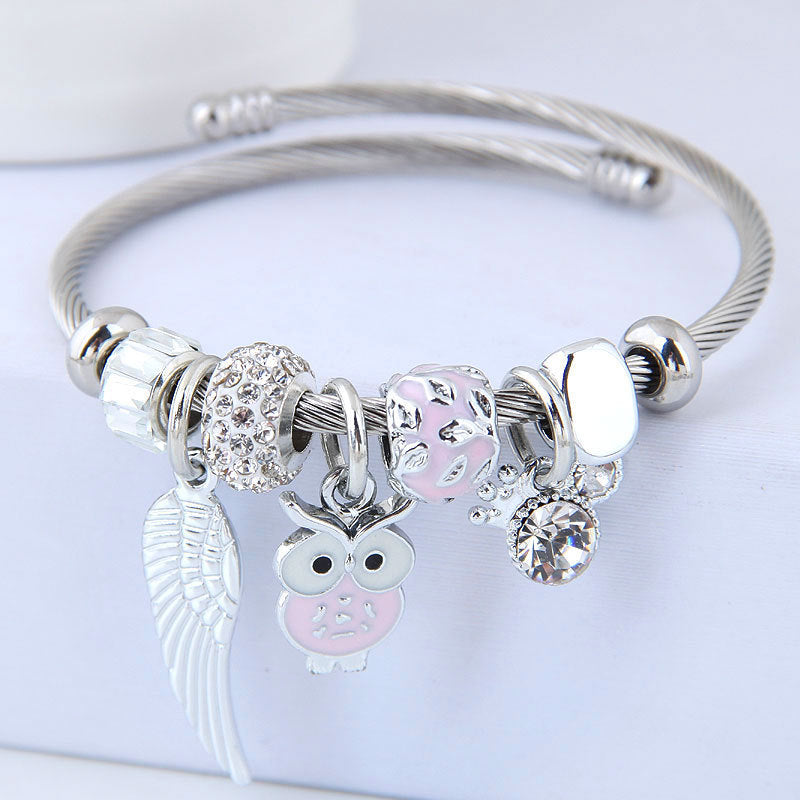 DIY Beaded Owl Angel Wings Pendant Stainless Steel Bracelet - Glamour Nest
