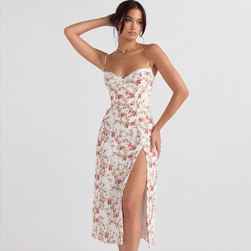 Women's Lace Floral Long Dress Sexy Slit Summer Suspender